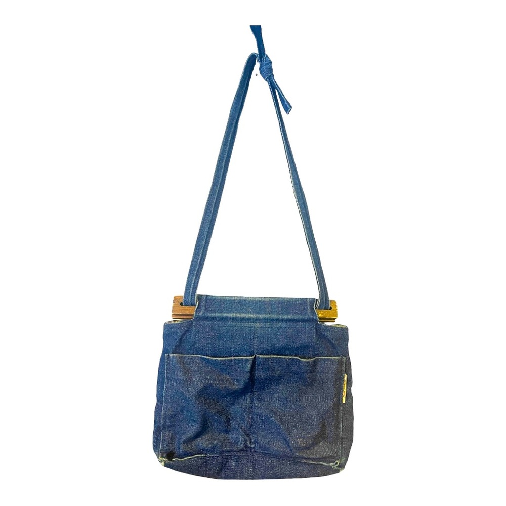 Vintage 90s Denim Convertible Handbag/Shoulder‎ Bag with Wood Accent
